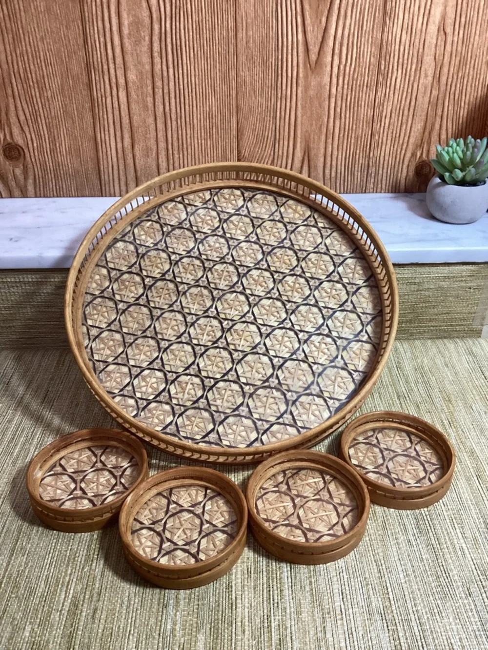 Woven Rattan Serving Tray Set Star of David Pattern Matching Coasters